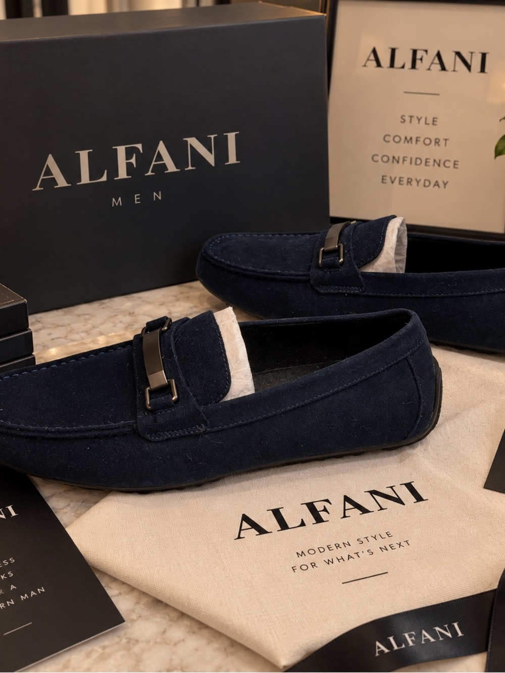Alfani Men Dark Navy Suede Bit-Trim Loafers